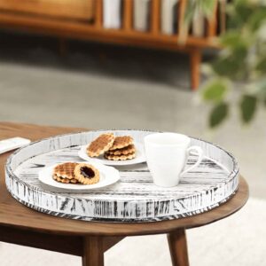 16 Inches Extra Large Solid Wooden Serving Tray Round Tea Coffee Table Tray Snack Food Meals Serving Plate Kitchen Party Bar Server Breakfast Tray with Raised Edge Decorative Ottoman Tray White