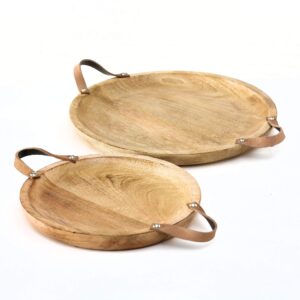 whw whole house worlds mango wood board server trays, set of 2, brown leather handles, rustic rounds, 15 and 12 inches diameter