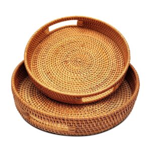 ankur round rattan serving tray with handles- decorative woven ottoman trays with handle,coffee table basket,natural basket wave tray, bathroom decor (l- 13.7 inch & m- 11.8 inch)