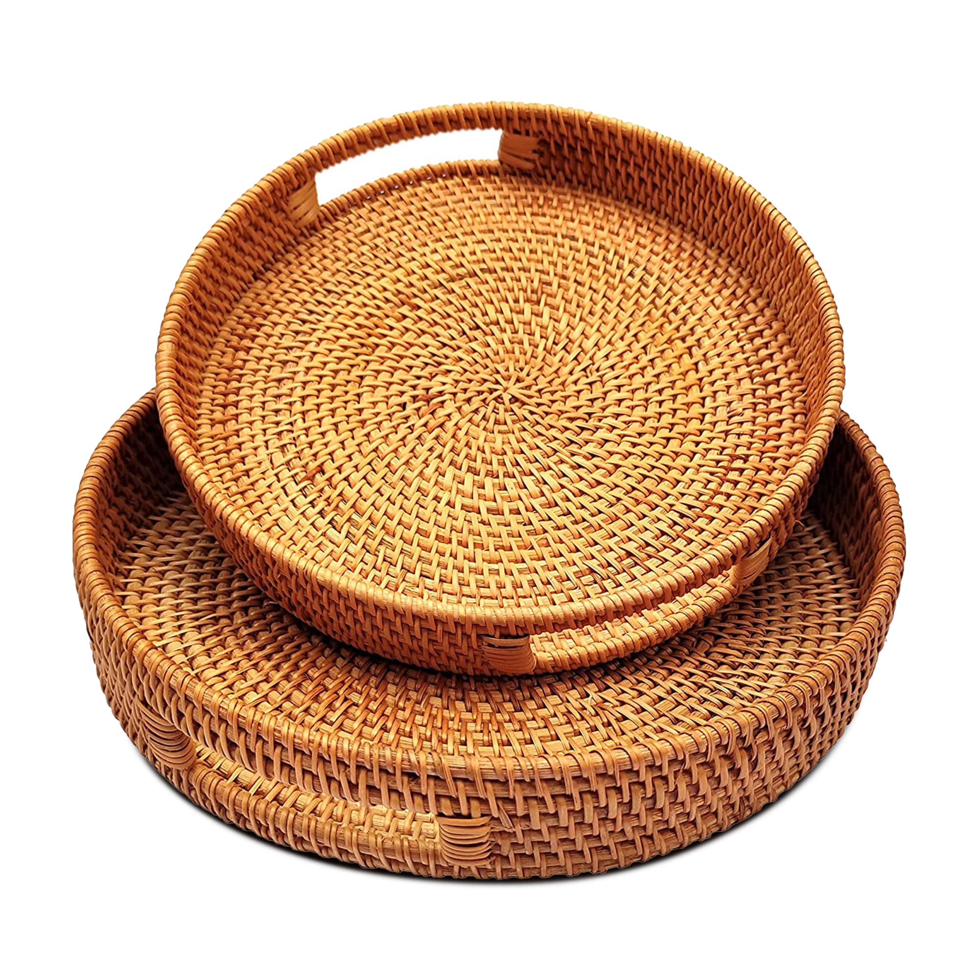 ANKUR Round Rattan Serving Tray with Handles- Decorative Woven Ottoman Trays with Handle,Coffee Table Basket,Natural Basket Wave Tray, Bathroom Decor (L- 13.7 Inch & M- 11.8 Inch)