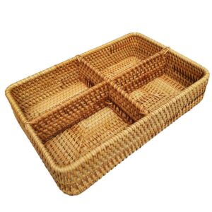 i-lan 4 compartments rectangular rattan basket, 12 inch divided basket tray with 3” deep wall, decorative flat wicker serving basket for fruit, snacks, catch all dish, brown