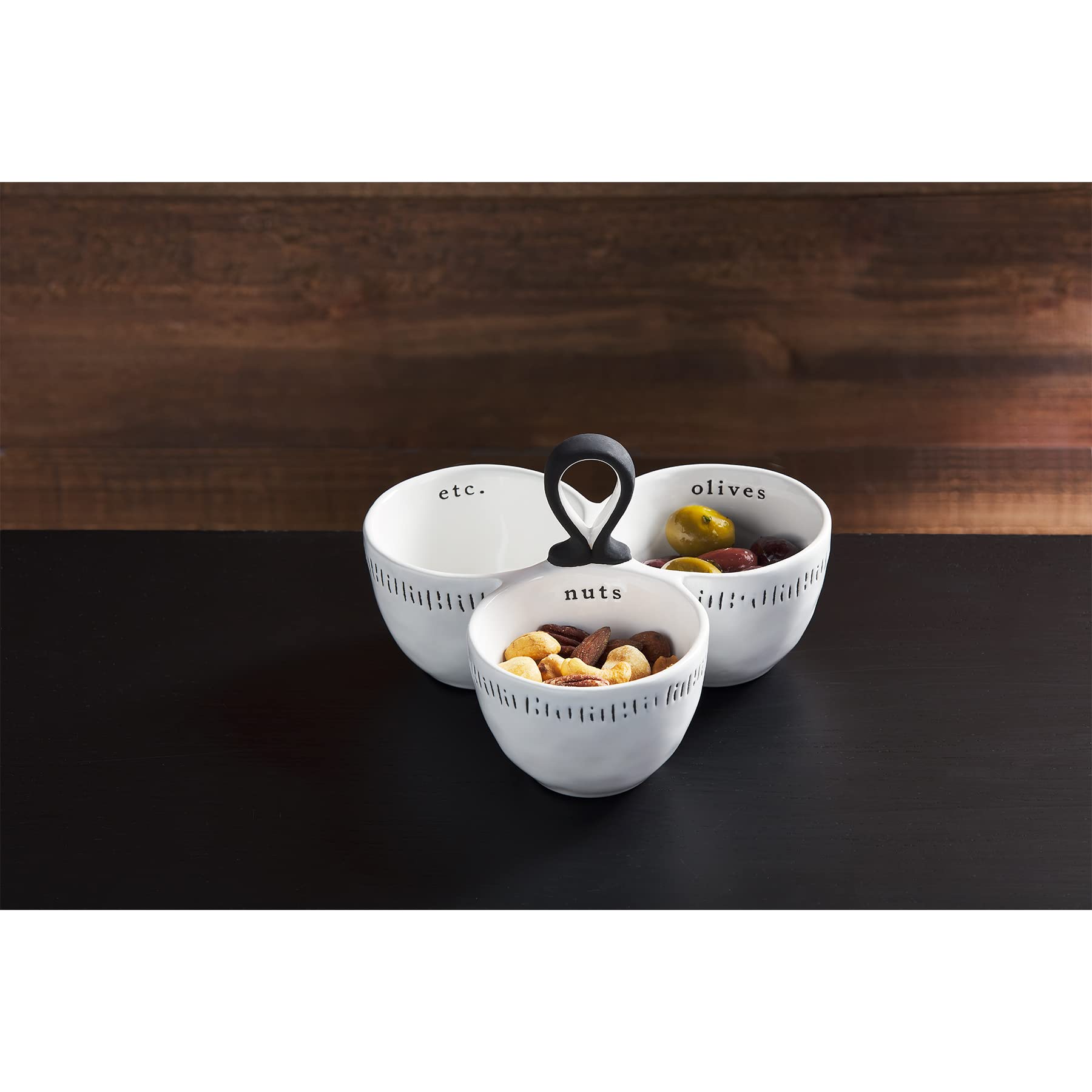 Mud Pie Triple Snack Dish with Handle, White, 4 1/2" x 7" dia