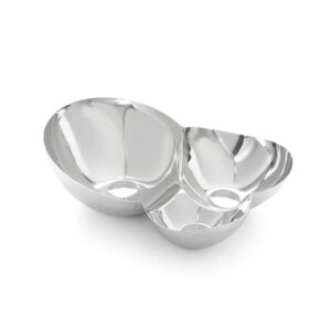 nambe - pulse collection - chip & dip bowl - measures at 7.5" x 9.5" x 4" - made of stainless steel - hand wash only - designed by sena & seidenfaden design