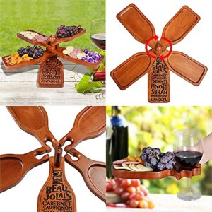 Primeware Wine Appetizer Plate Set - Mahogany Wood Wine Bottle Shaped Serving Platters With Display Stand Hold Meat, Cheese, Fruit, Wine Glasses