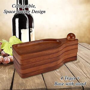 Primeware Wine Appetizer Plate Set - Mahogany Wood Wine Bottle Shaped Serving Platters With Display Stand Hold Meat, Cheese, Fruit, Wine Glasses