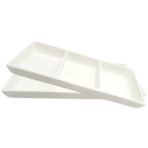 needzo white rectangle dinnerware platter, 8 inch, 3 compartment ceramic long sushi plate, serving tray for dinner, appetizers, and dipping sauces