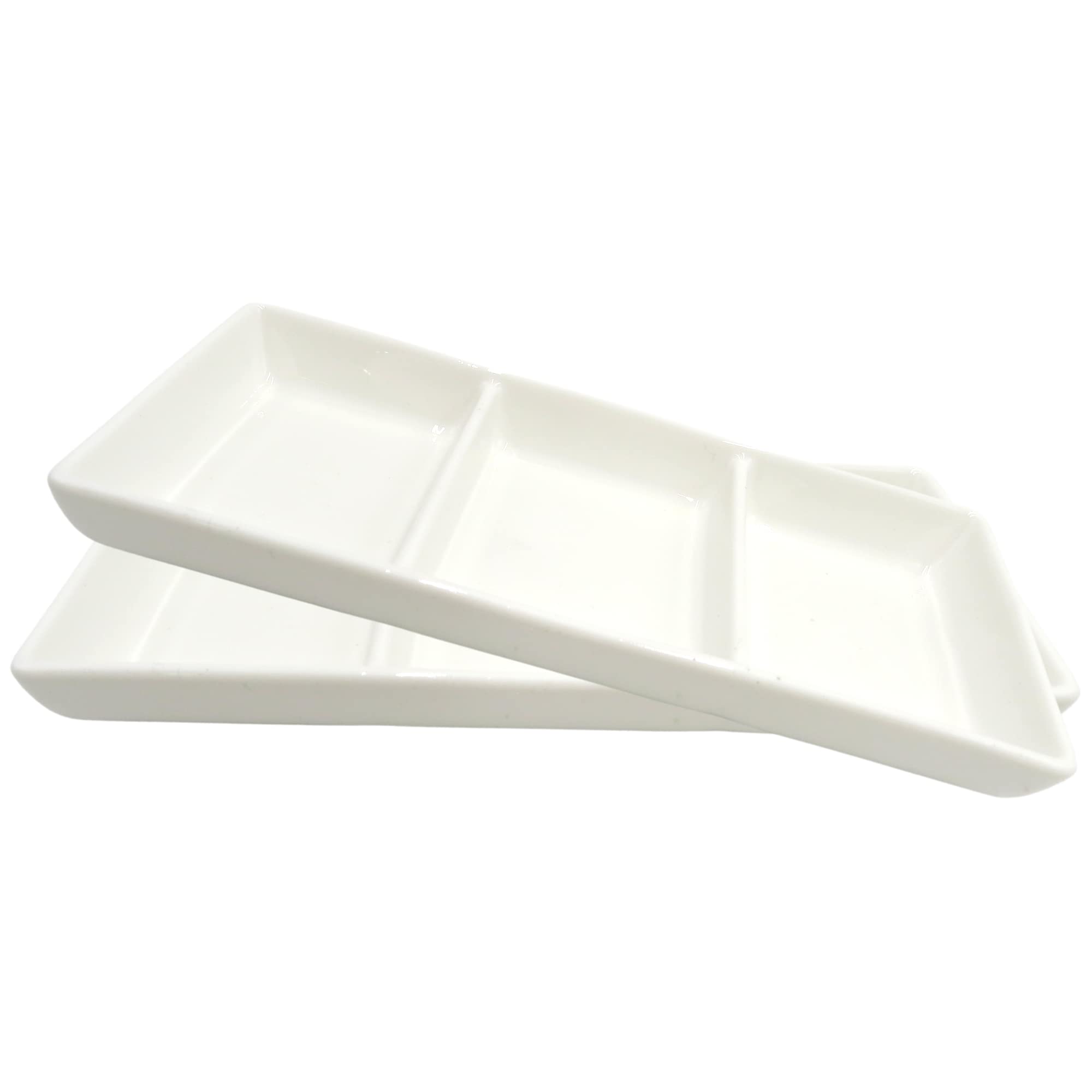 Needzo White Rectangle Dinnerware Platter, 8 Inch, 3 Compartment Ceramic Long Sushi Plate, Serving Tray for Dinner, Appetizers, and Dipping Sauces