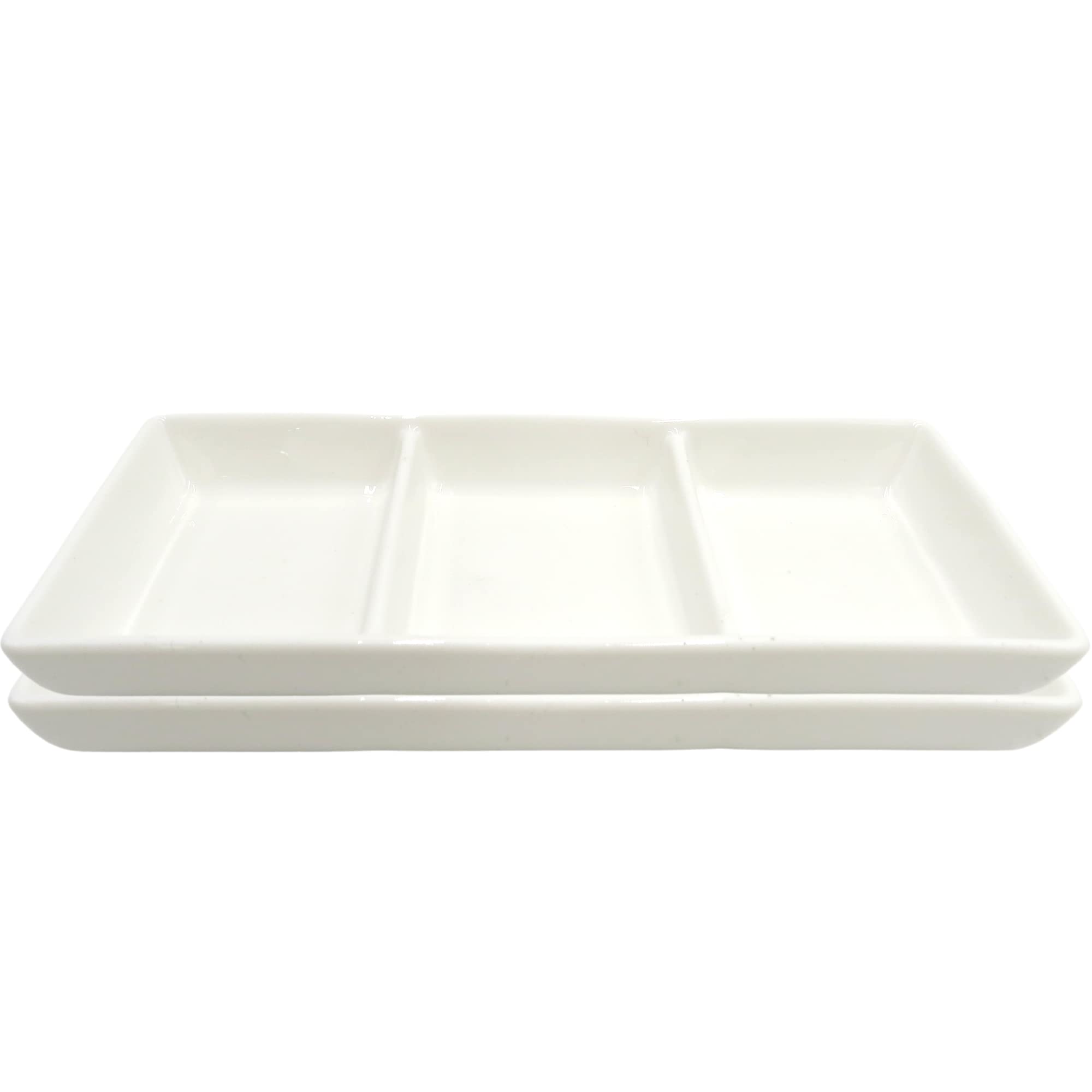 Needzo White Rectangle Dinnerware Platter, 8 Inch, 3 Compartment Ceramic Long Sushi Plate, Serving Tray for Dinner, Appetizers, and Dipping Sauces