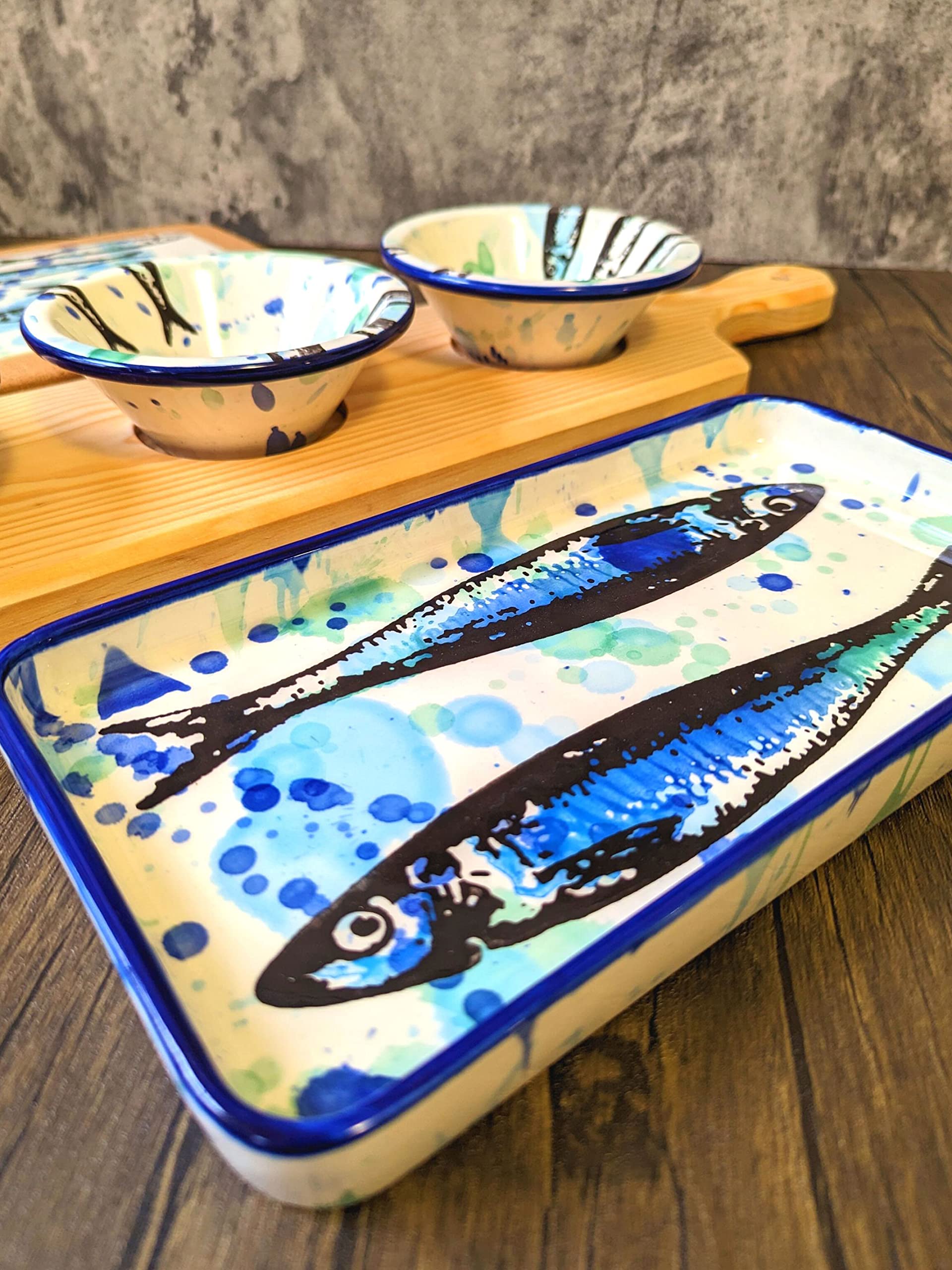 Splash Sardines Portuguese Pottery Rectangular Ceramic Serving Platter (Small)