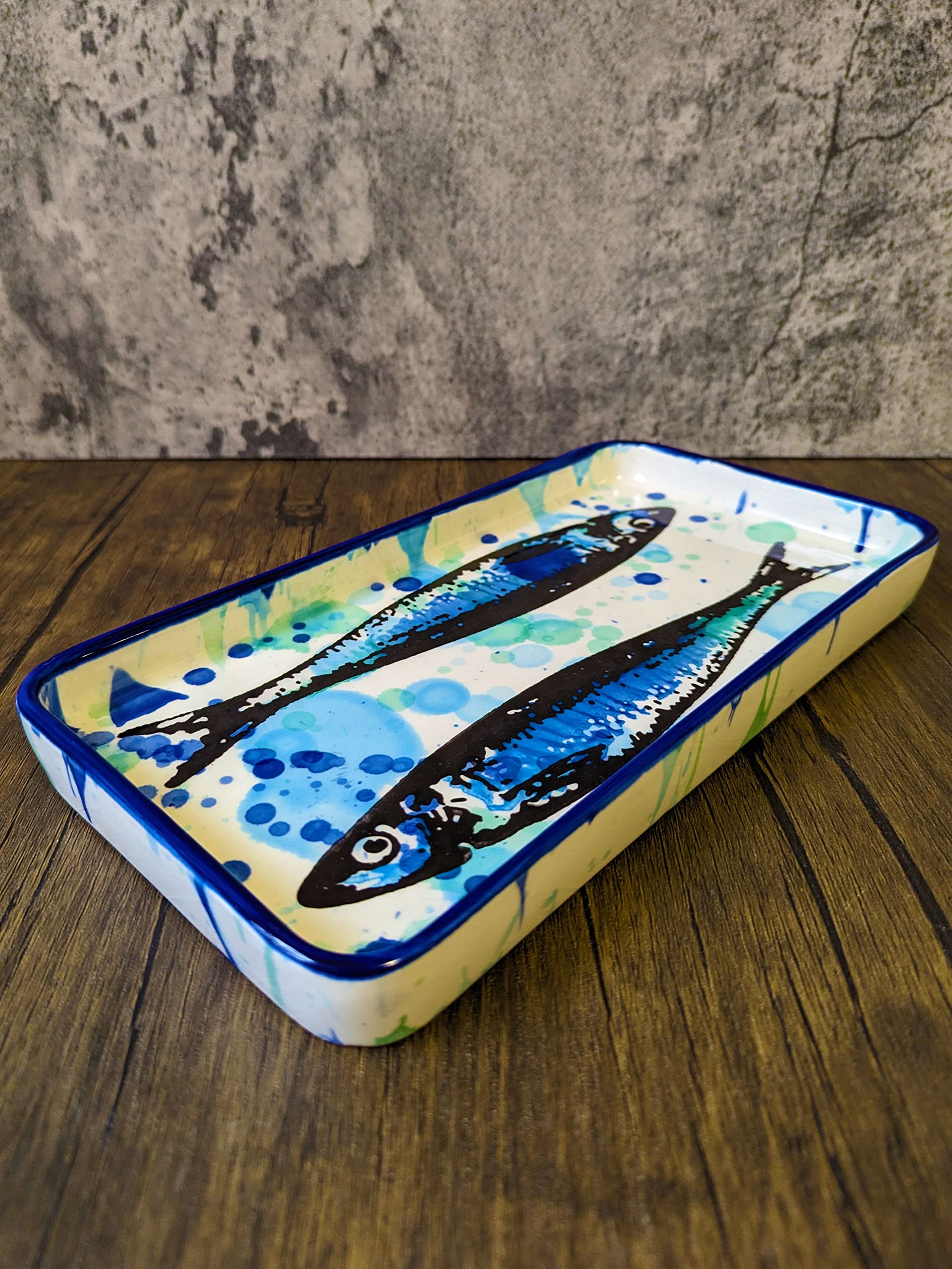 Splash Sardines Portuguese Pottery Rectangular Ceramic Serving Platter (Small)