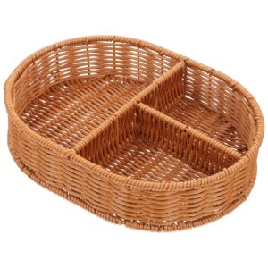 doitool rattan serving tray 3 compartments wicker fruit bread basket woven ottoman tray rustic cupcake snack candy serving platter for appetizer vegetable storage