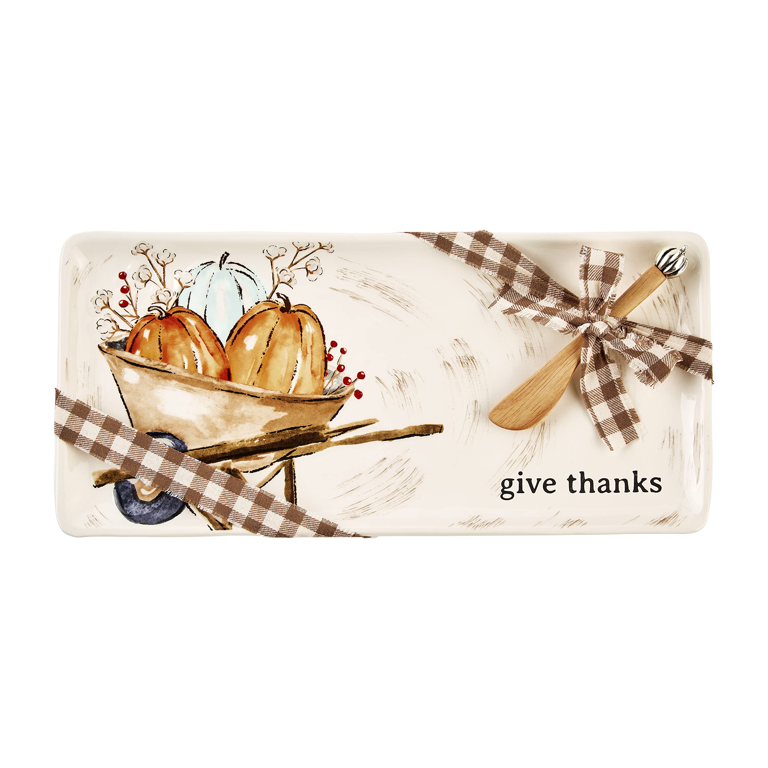 Mud Pie Thanksgiving Pumpkin Wheelbarrow Hostess Platter Set, Multi, Tray 7" x 15" | Spreader 6 1/4"