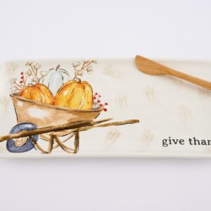 Mud Pie Thanksgiving Pumpkin Wheelbarrow Hostess Platter Set, Multi, Tray 7" x 15" | Spreader 6 1/4"