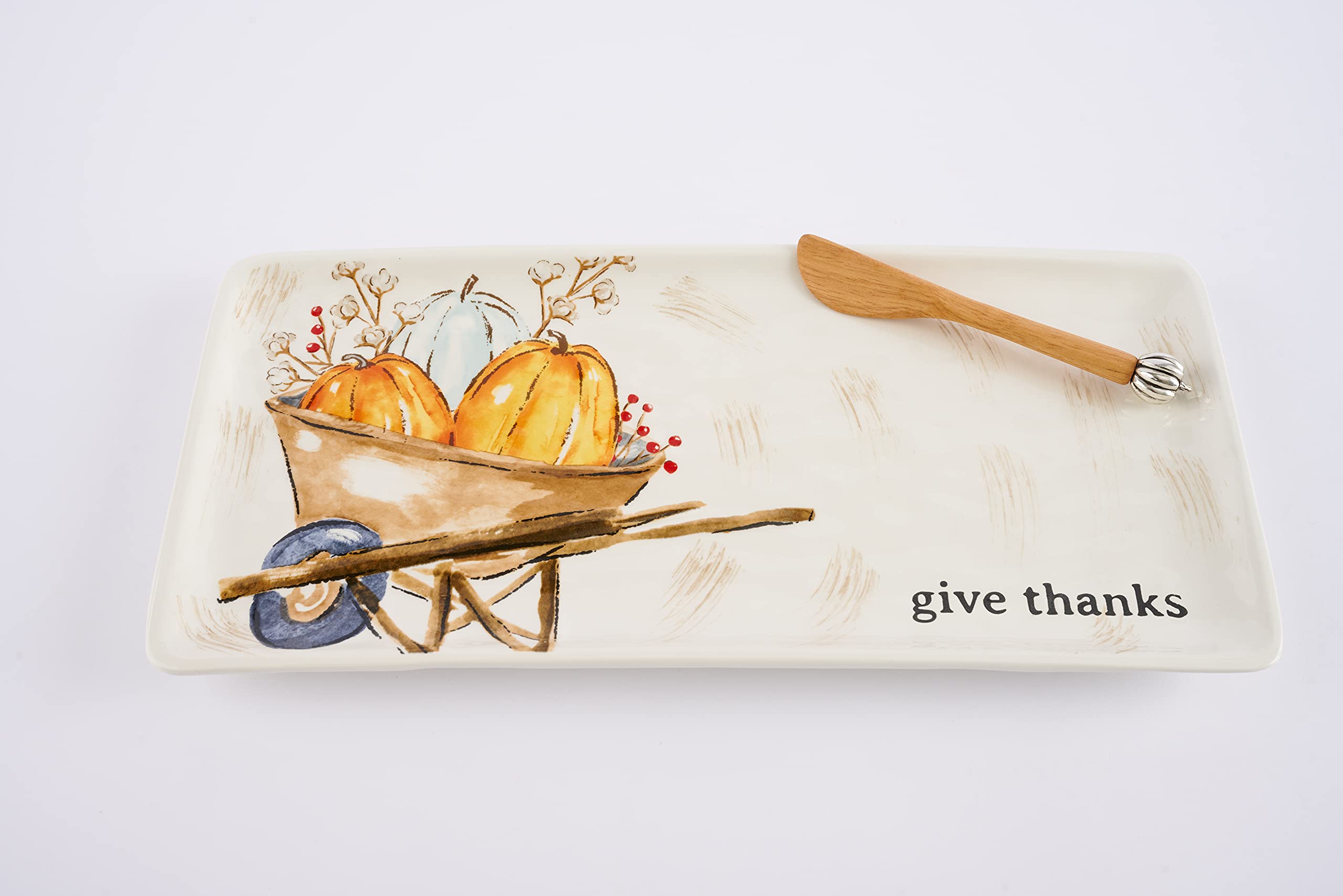 Mud Pie Thanksgiving Pumpkin Wheelbarrow Hostess Platter Set, Multi, Tray 7" x 15" | Spreader 6 1/4"