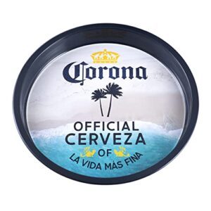 corona large round beverage tray, beach scene, round measuring 12" with high wall, drink tray scene
