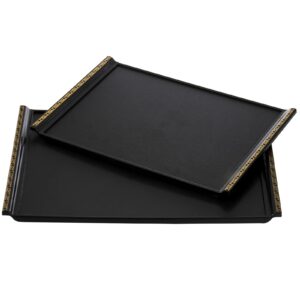 zenfun 2 pack black rectangular serving trays with golden edge, plastic restaurant serving platters stylish non slip food tray multi-purpose for coffee table, kitchen, 16.7'', 14.7''