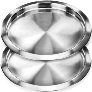 decorrack 2 round bar serving trays, 13 inch stainless steel decorative trays, perfect coffee table platters for everyday use, silver (2 pack)