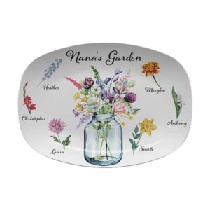 birth month flower plate, personalized family platter, flowers in jar platter, custom gift, grandma's garden platter nana's garden platter, grandparent gift from grandkids mother day gift idea