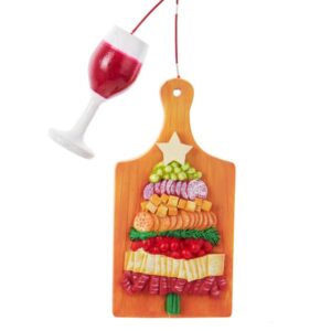 charcuterie board christmas ornament - meat cheese tray wooden platter with wine bottle glass - holiday tree decoration gift (rectangle christmas)