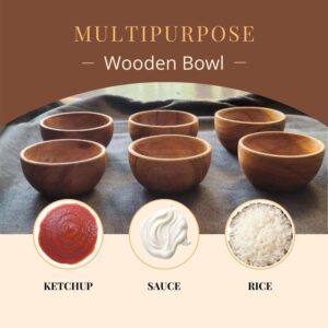 Wooden Small Bowls Pack of 6-100% Natural Food Grade Acacia Wooden Serving Bowls for Condiments, Dip Sauce, Ketchup, Soup, Jam, Rice, Coffee, Tea and Olive