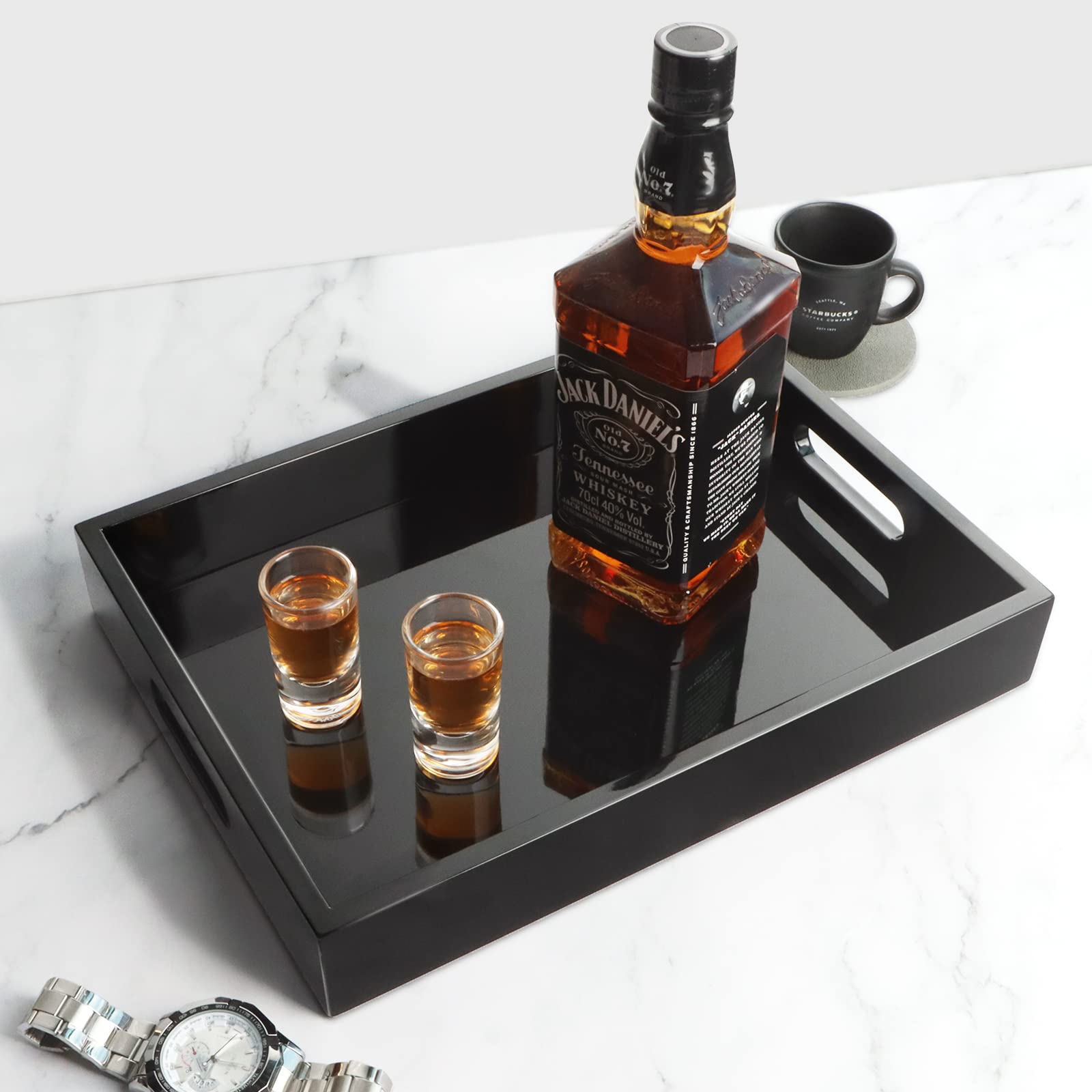 SANZIE Tray Wooden by high Gloss Paint,Serving Tray Easy to Handle for Breakfast and Coffee. Morden Tray in Office or Living Room for Storage Groceries. 13IN*9.4IN*2IN [Black]