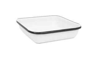 enamelware small square dish, 8 ounce, vintage white/black