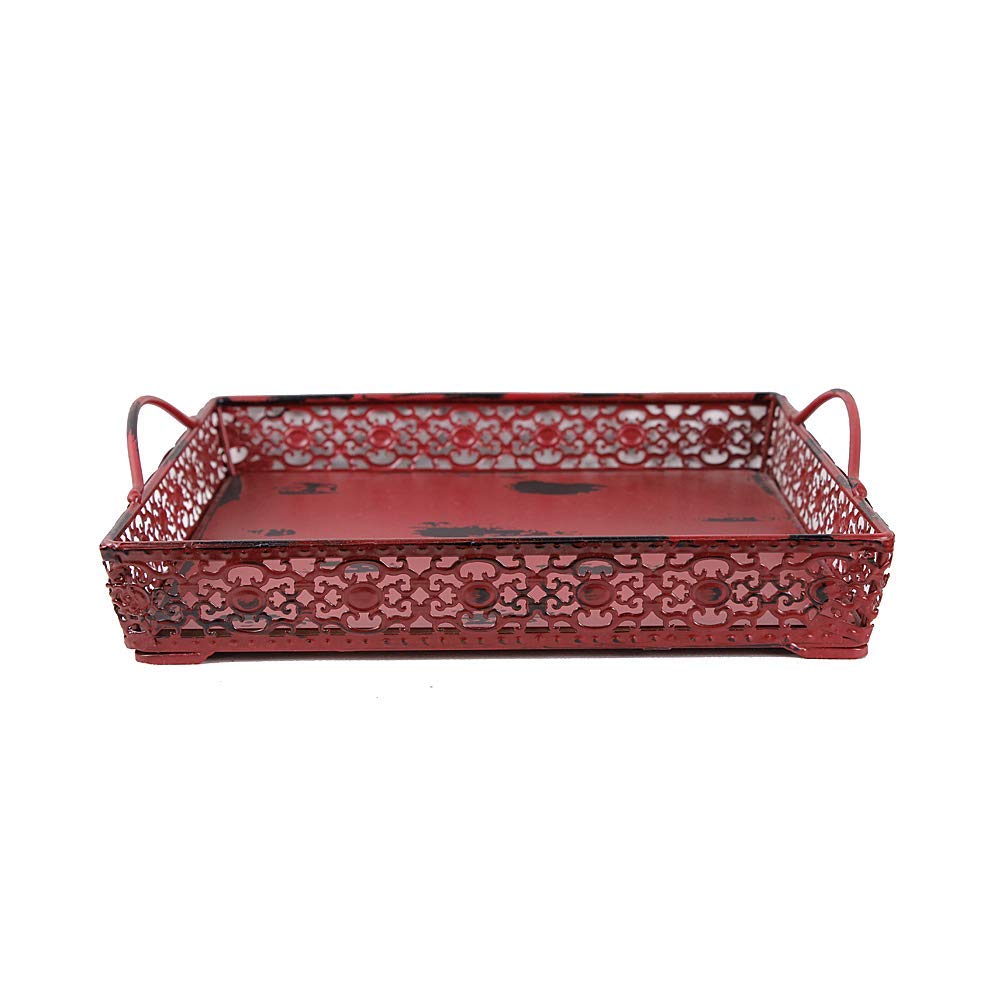 Rainbow Handcrafts Vintage Metal Square Decorative Serving Tray with Two Handles 11 x 11 inches (Burgundy)