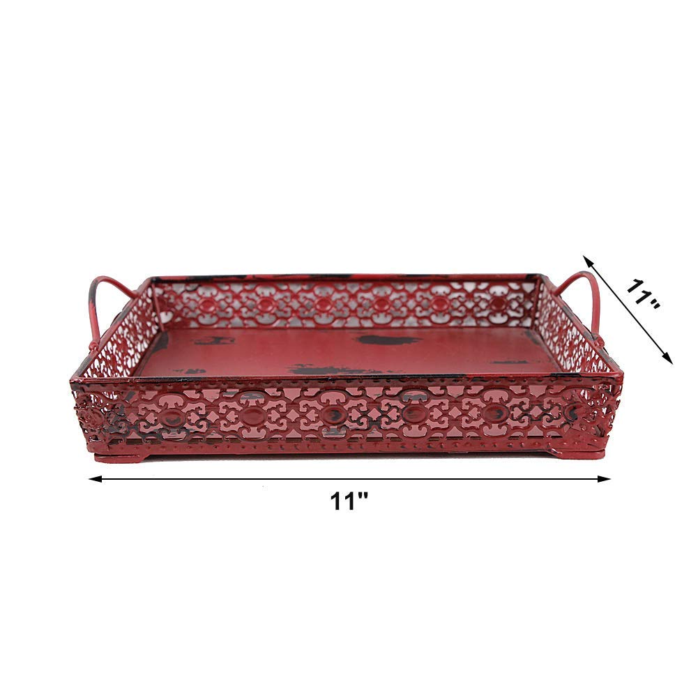 Rainbow Handcrafts Vintage Metal Square Decorative Serving Tray with Two Handles 11 x 11 inches (Burgundy)