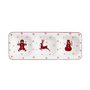 euro ceramica winterfest collection festive 16.1" ceramic 3 part divided appetizer tray, hand-stamped holiday design, red & white