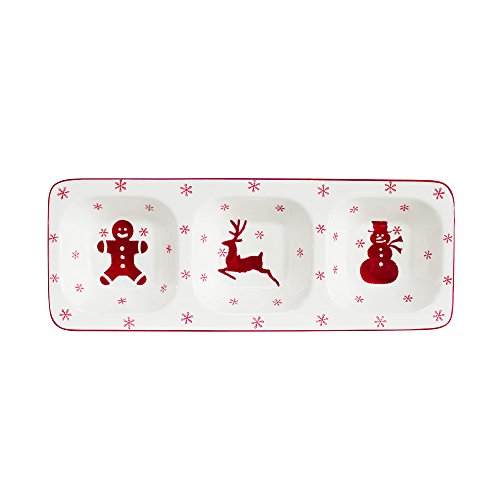 Euro Ceramica Winterfest Collection Festive 16.1" Ceramic 3 Part Divided Appetizer Tray, Hand-Stamped Holiday Design, Red & White