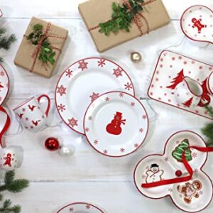 Euro Ceramica Winterfest Collection Festive 16.1" Ceramic 3 Part Divided Appetizer Tray, Hand-Stamped Holiday Design, Red & White