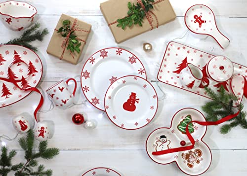 Euro Ceramica Winterfest Collection Festive 16.1" Ceramic 3 Part Divided Appetizer Tray, Hand-Stamped Holiday Design, Red & White