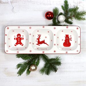 Euro Ceramica Winterfest Collection Festive 16.1" Ceramic 3 Part Divided Appetizer Tray, Hand-Stamped Holiday Design, Red & White