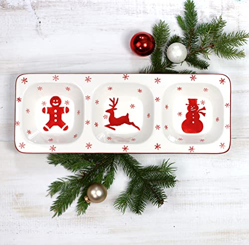 Euro Ceramica Winterfest Collection Festive 16.1" Ceramic 3 Part Divided Appetizer Tray, Hand-Stamped Holiday Design, Red & White