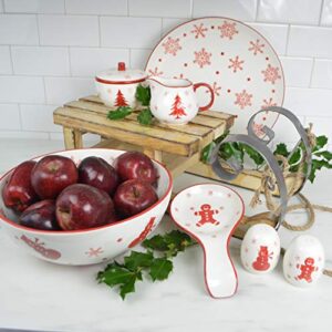 Euro Ceramica Winterfest Collection Festive 16.1" Ceramic 3 Part Divided Appetizer Tray, Hand-Stamped Holiday Design, Red & White