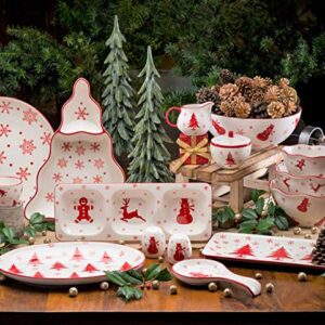 Euro Ceramica Winterfest Collection Festive 16.1" Ceramic 3 Part Divided Appetizer Tray, Hand-Stamped Holiday Design, Red & White