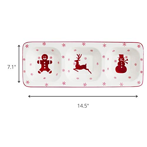 Euro Ceramica Winterfest Collection Festive 16.1" Ceramic 3 Part Divided Appetizer Tray, Hand-Stamped Holiday Design, Red & White