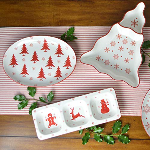 Euro Ceramica Winterfest Collection Festive 16.1" Ceramic 3 Part Divided Appetizer Tray, Hand-Stamped Holiday Design, Red & White