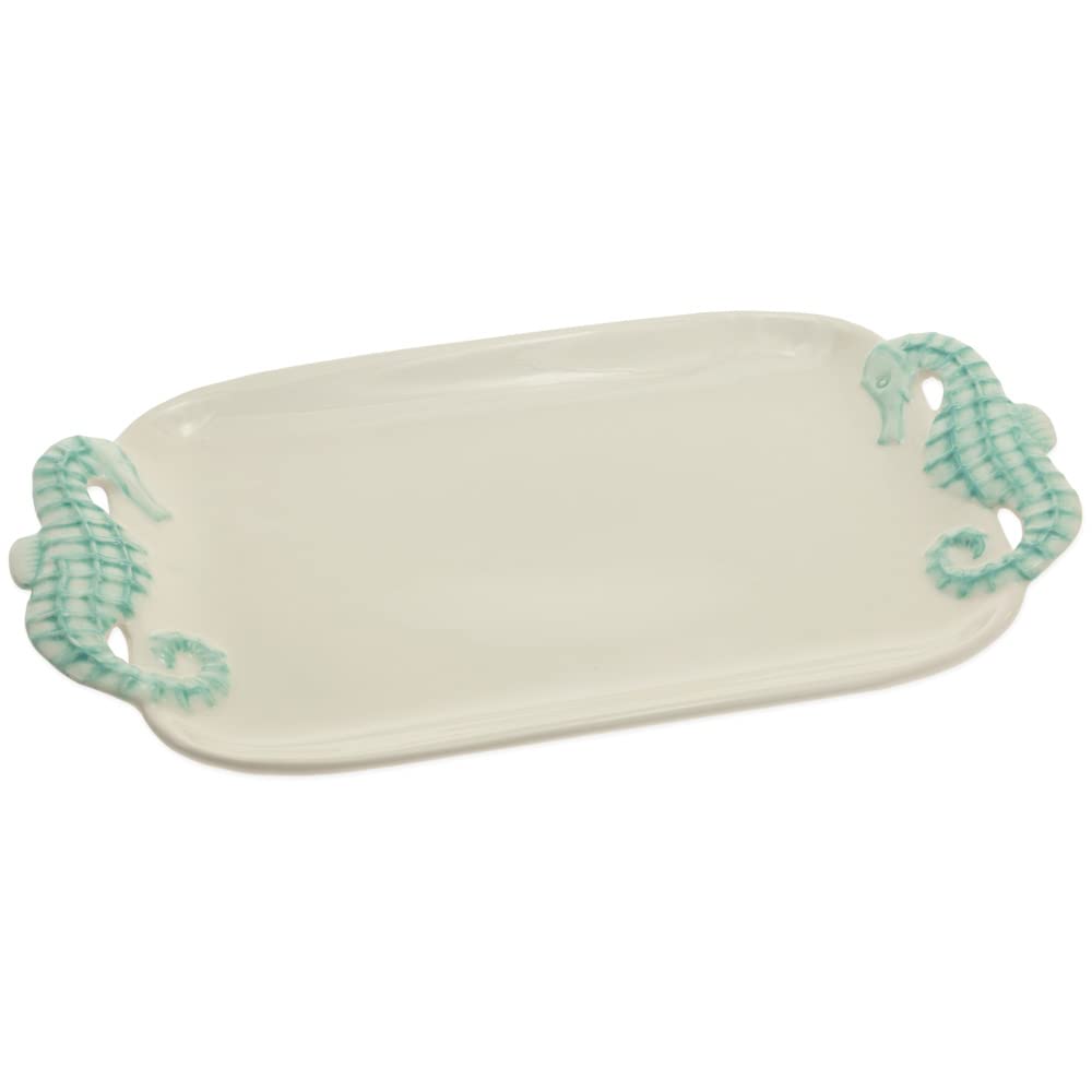 Boston International Serving Platter Everyday Coastal Ceramic Tableware, 14.25 x 8.5-Inches, Lagoon Life Seahorse