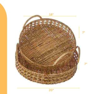 First of a Kind Rattan Tray with Handles - Natural Wicker Round Decorative Tray - Serving Trays for Fruit, Bread, Coffee Table & Home Decor - Hand Woven Rattan Basket (Set of 2-20 Inch)