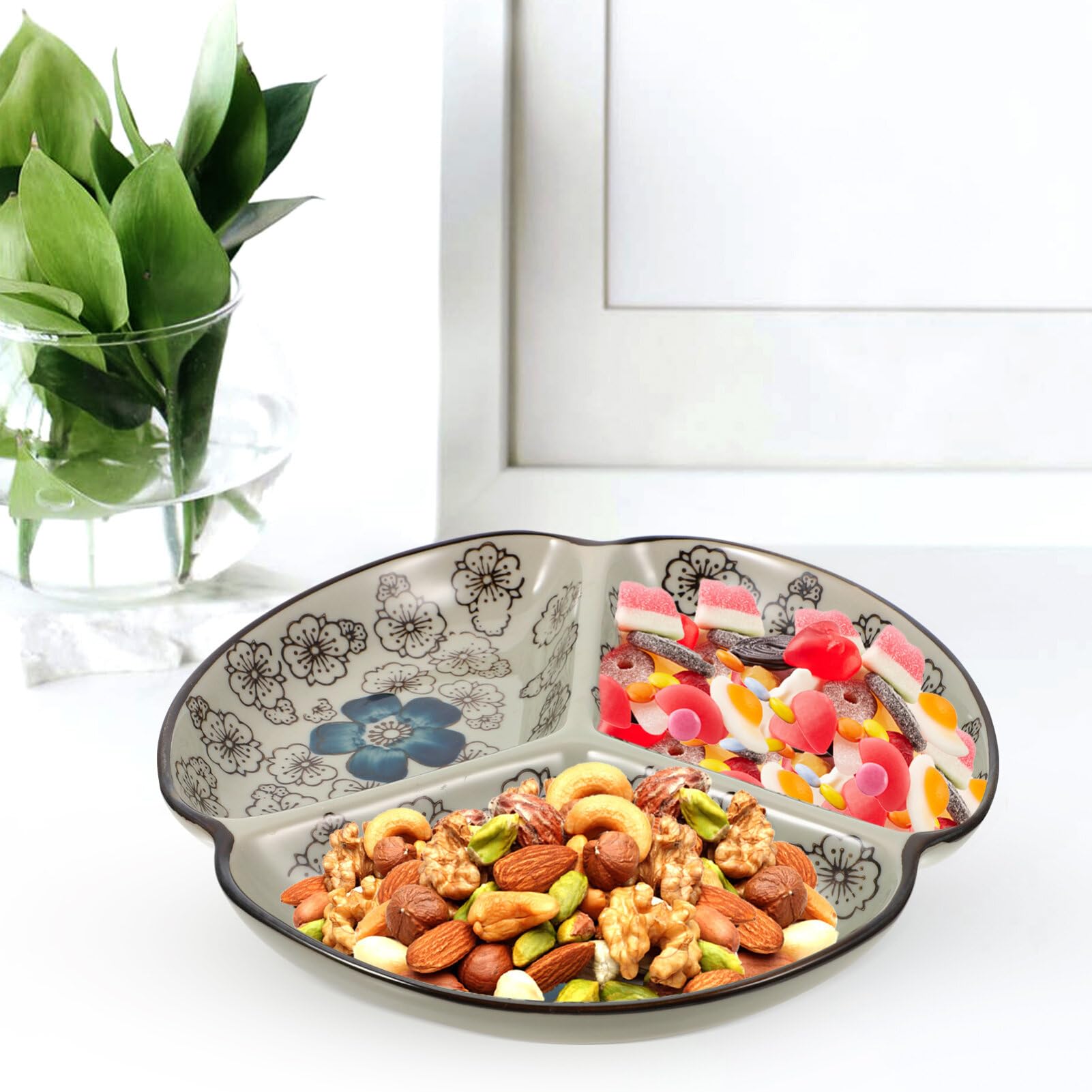 Kichvoe Ceramic Divider Dishes Compartment Food Plate Japanese Divided Serving Platter 3 Section Snack Tray Dried Fruit Storage Plate-7inch