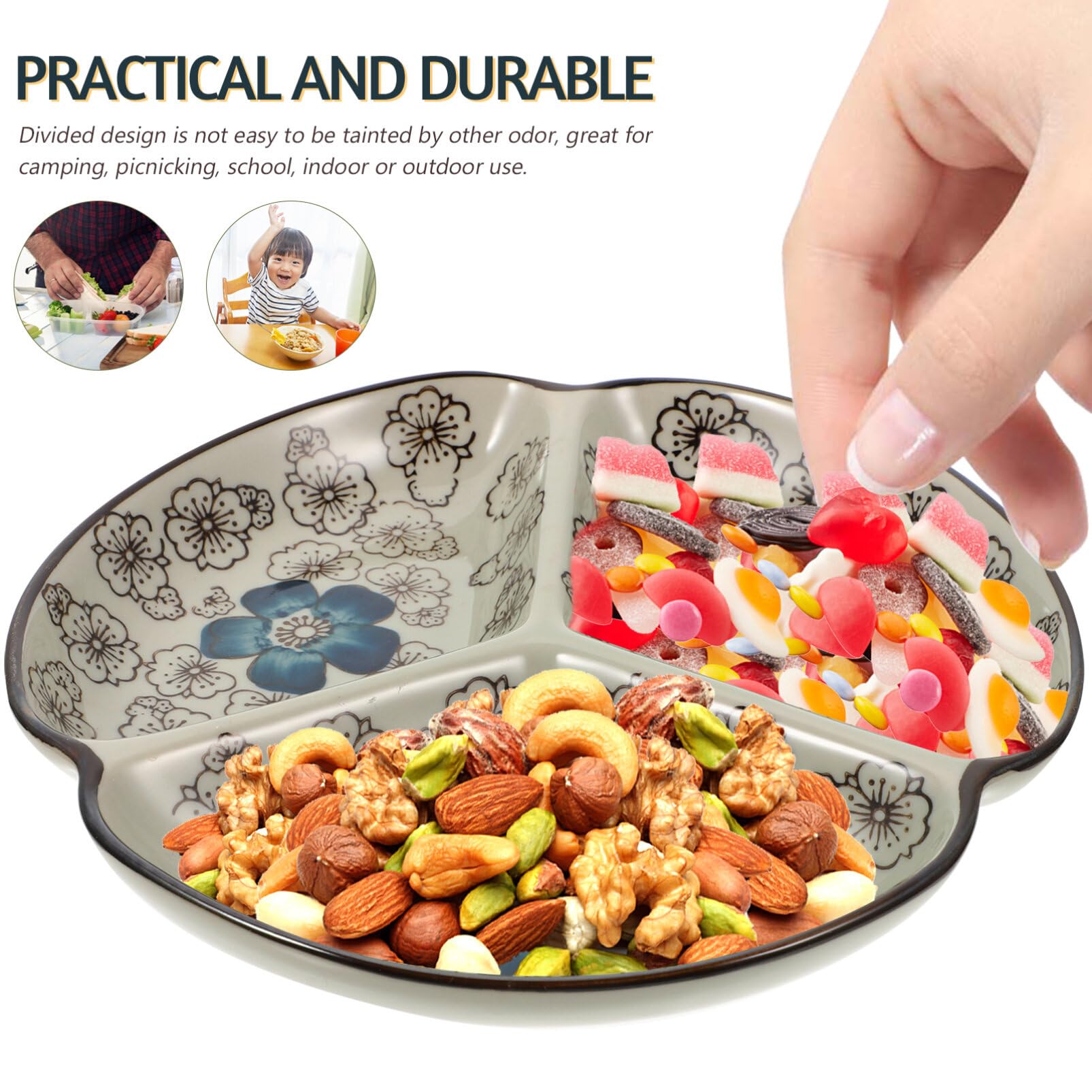 Kichvoe Ceramic Divider Dishes Compartment Food Plate Japanese Divided Serving Platter 3 Section Snack Tray Dried Fruit Storage Plate-7inch