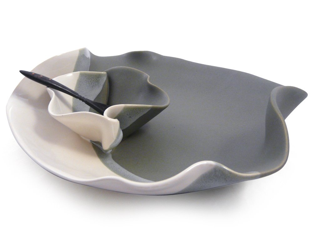 Contemporary Twist Chip and Dip Tray Dish in Grey White, Handmade Pottery