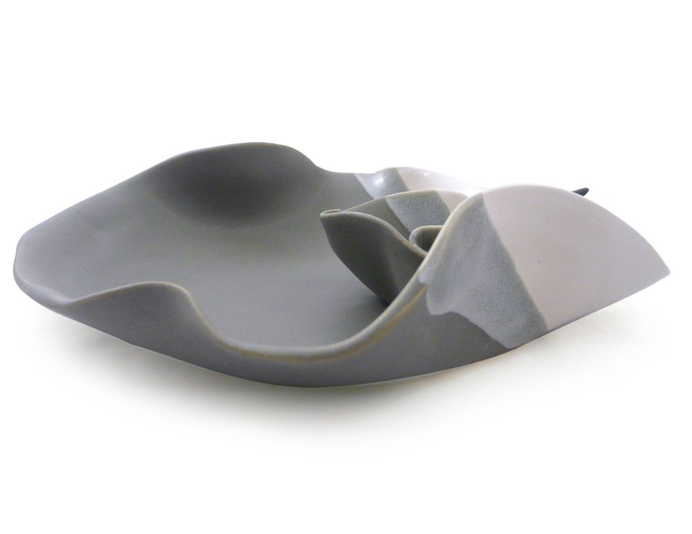 Contemporary Twist Chip and Dip Tray Dish in Grey White, Handmade Pottery