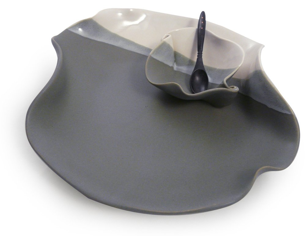 Contemporary Twist Chip and Dip Tray Dish in Grey White, Handmade Pottery