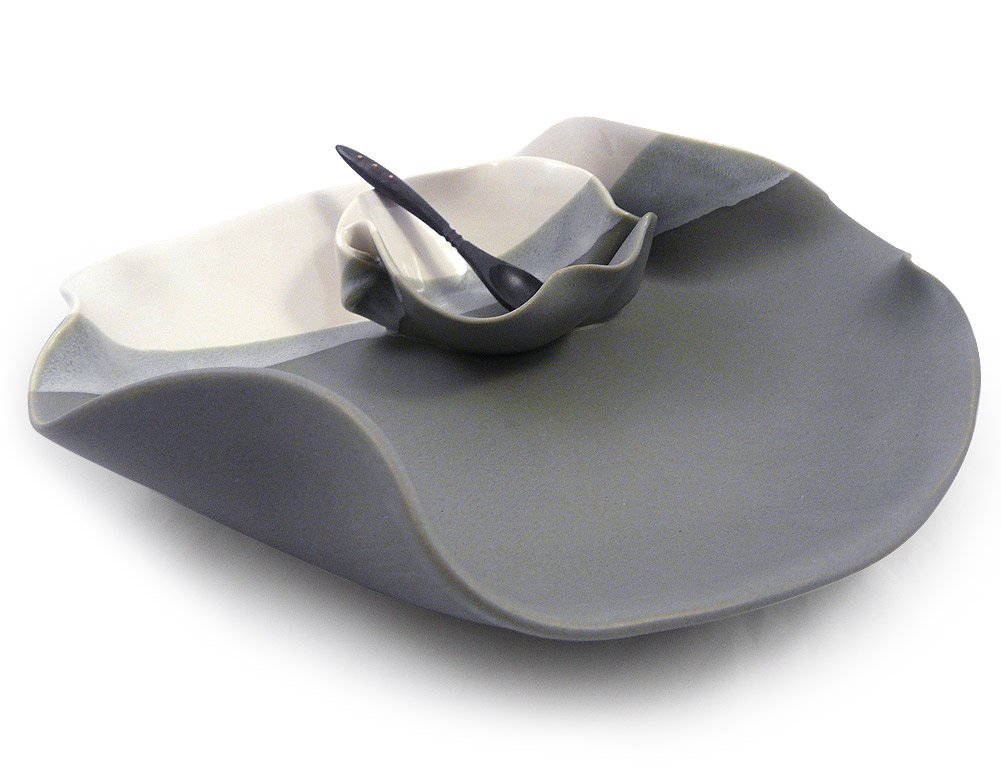 Contemporary Twist Chip and Dip Tray Dish in Grey White, Handmade Pottery