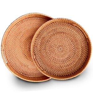 homessent round rattan tray - natural rustic & sturdy wicker tray with cut-out handles - hand woven tray for storage & decoration – lightweight tray for serving coffee, fruits & drinks (set of 2: m+l)