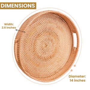 HOMESSENT Round Rattan Tray - Natural Rustic & Sturdy Wicker Tray with Cut-Out Handles - Hand Woven Tray for Storage & Decoration – Lightweight Tray for Serving Coffee, Fruits & Drinks (Set of 2: M+L)