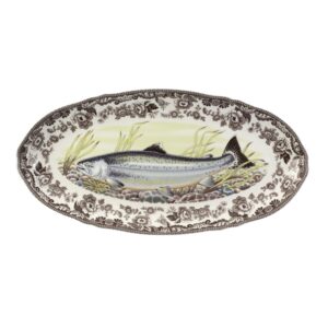 spode woodland fish platter with king salmon motif | 18.5" fish serving platter | large oval tray made from fine porcelain | microwave and dishwasher safe