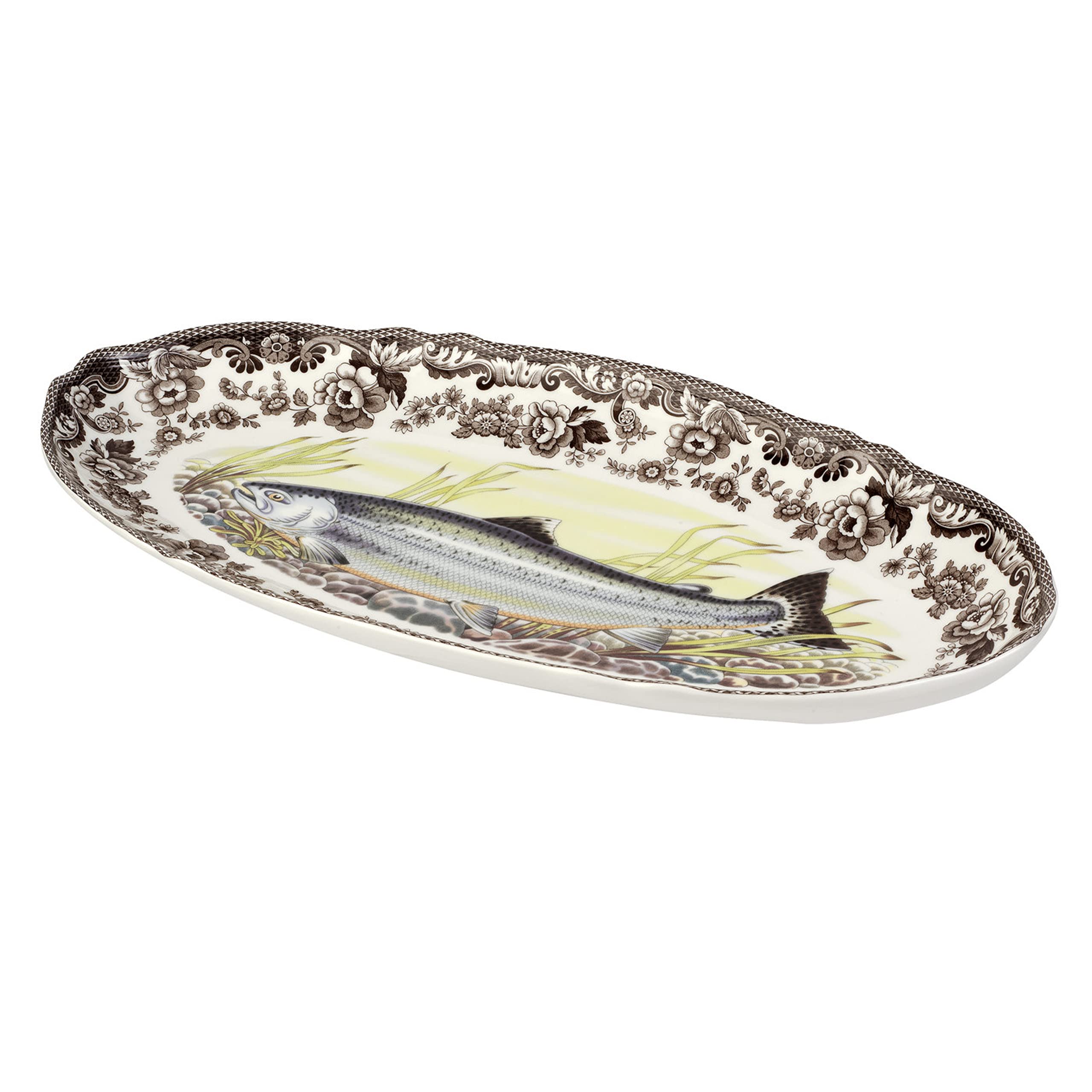 Spode Woodland Fish Platter with King Salmon Motif | 18.5" Fish Serving Platter | Large Oval Tray Made from Fine Porcelain | Microwave and Dishwasher Safe